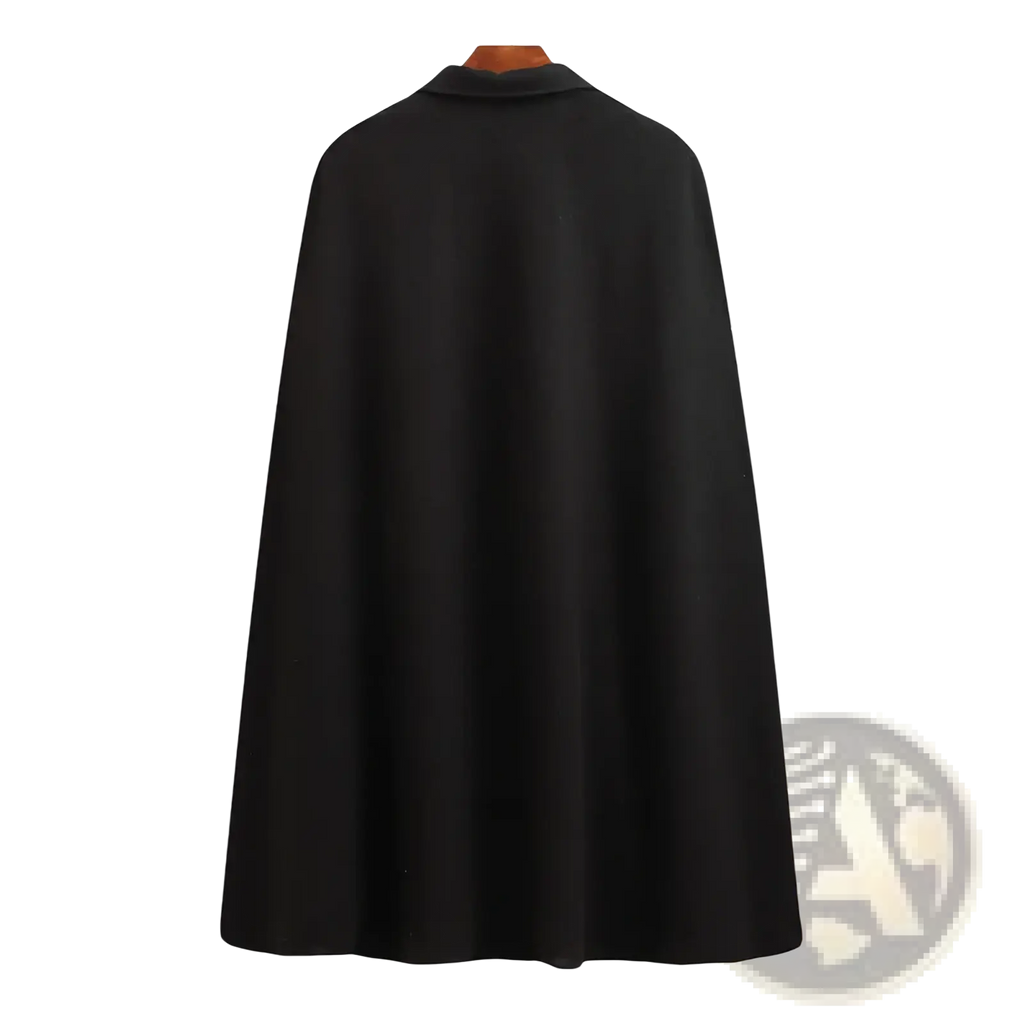Mens black woolen cloak cape trench coat with sleek flowing design and high collar shown from the back side
