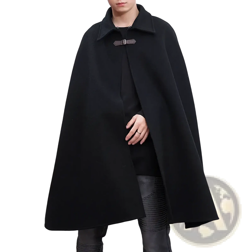 Mens black woolen cloak cape trench coat with notched collar and brown leather toggle closure