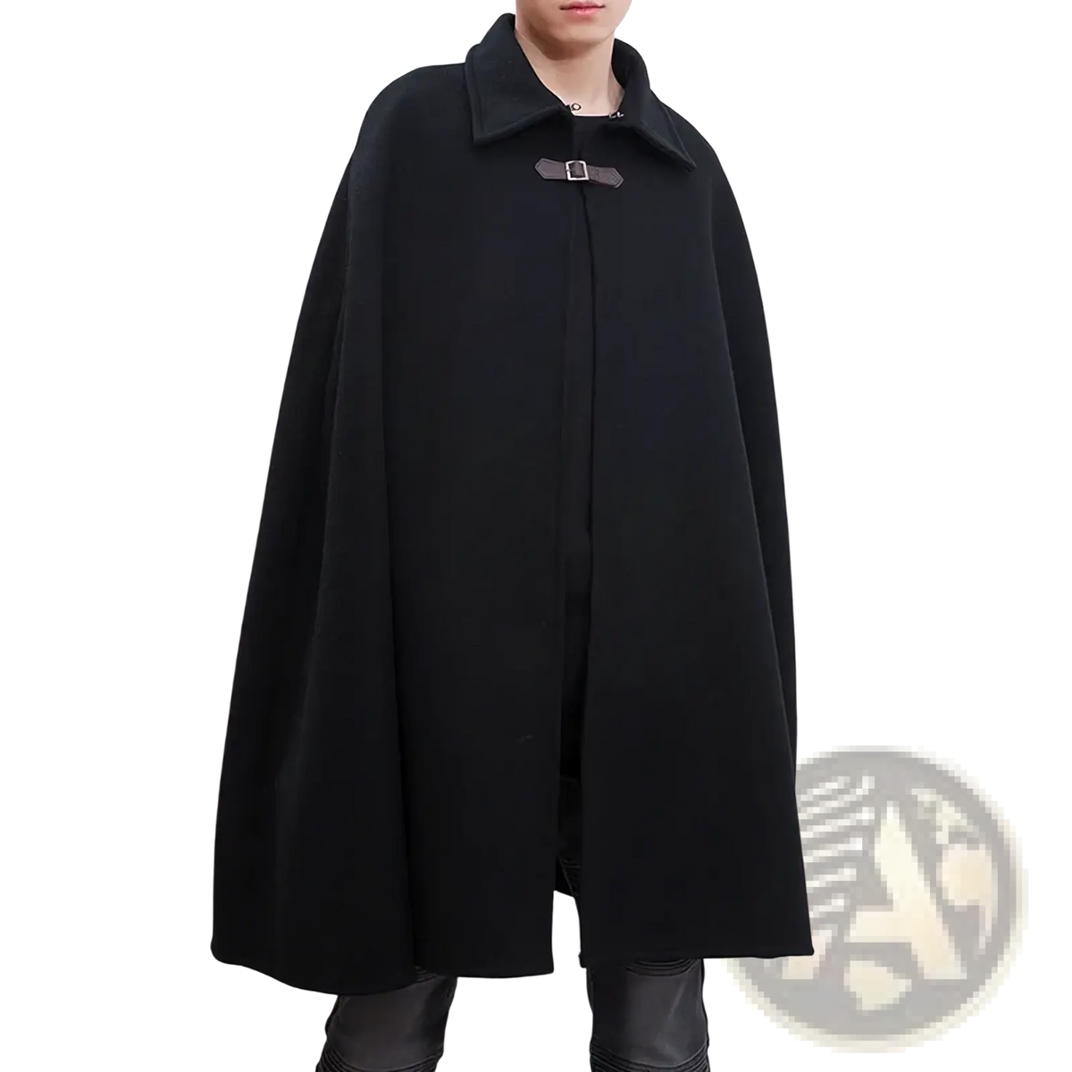 Mens black woolen cloak cape trench coat featuring a notched collar and silver-toned toggle clasp