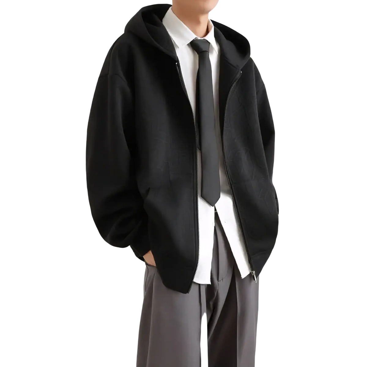 Mens black zip up hooded jacket with relaxed fit and subtle texture casual urban outerwear for everyday use