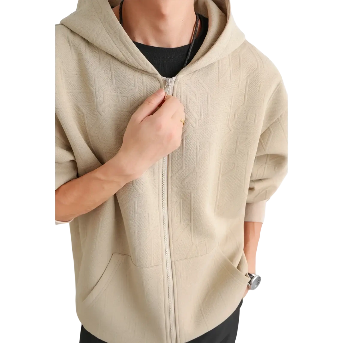 Mens black zip up hooded jacket featuring a beige zip up hoodie with subtle geometric pattern and ribbed cuffs