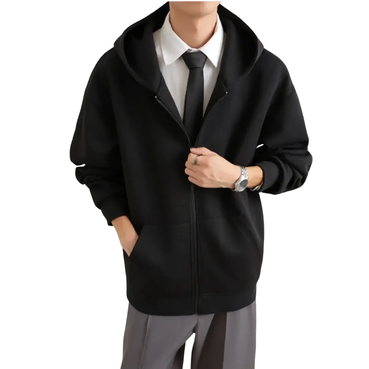 Mens black zip up hooded jacket with soft casual texture and ribbed cuffs for urban outerwear use
