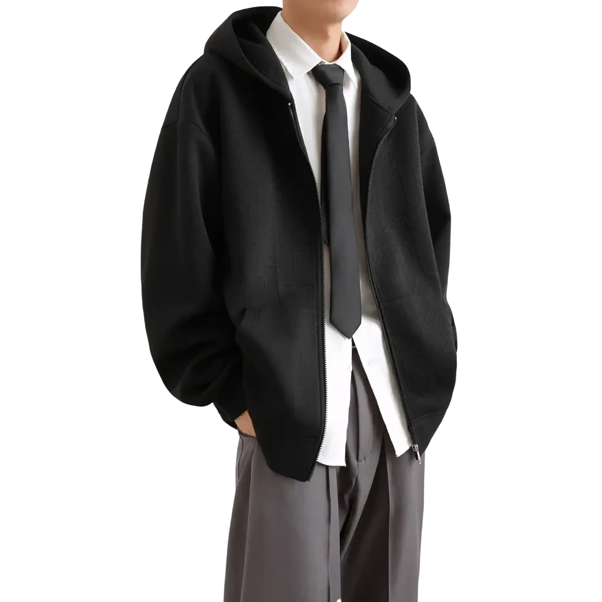 Mens black zip up hooded jacket featuring a relaxed fit and soft textured fabric for casual urban outerwear