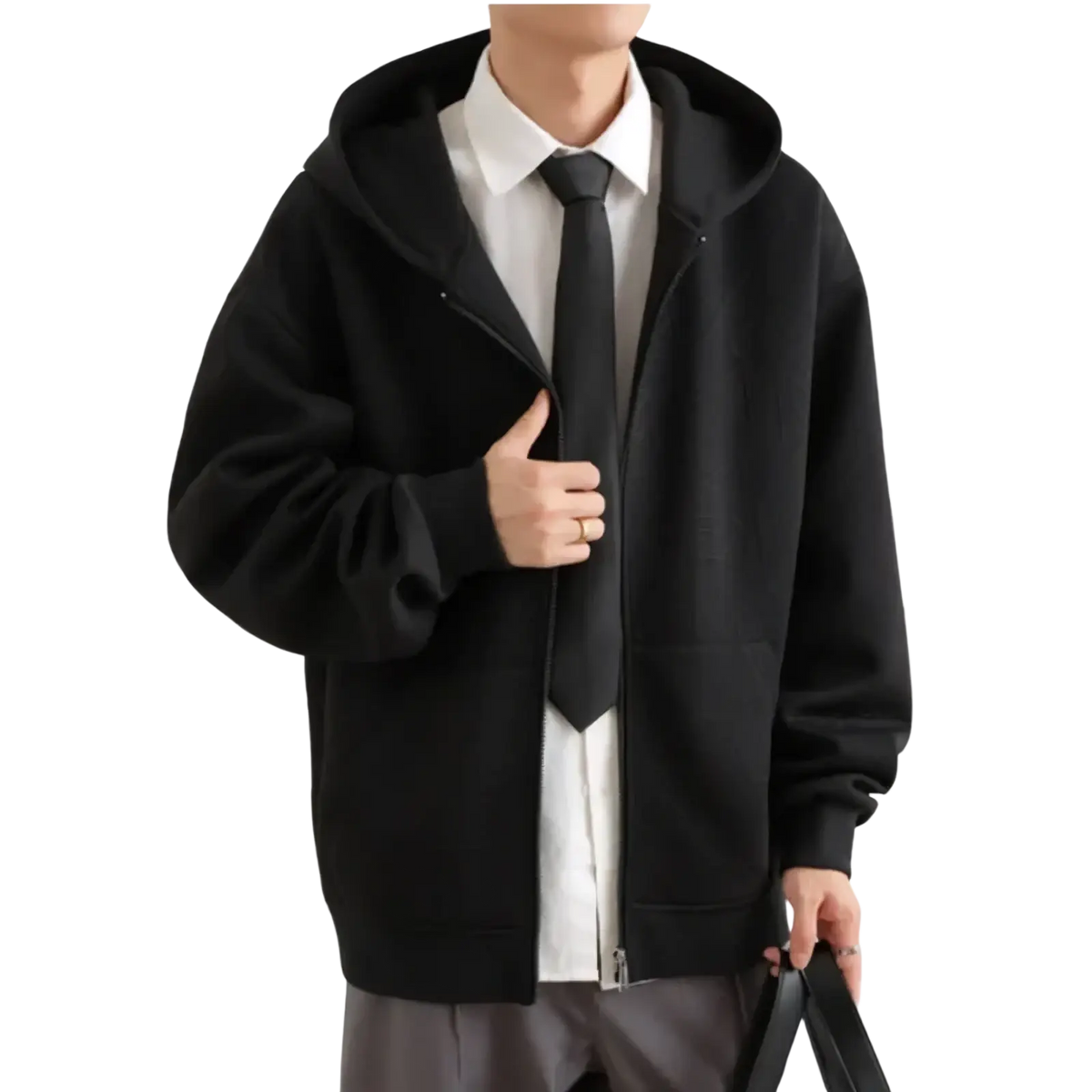 Mens black zip hooded jacket with soft casual texture and relaxed fit ideal for urban outerwear