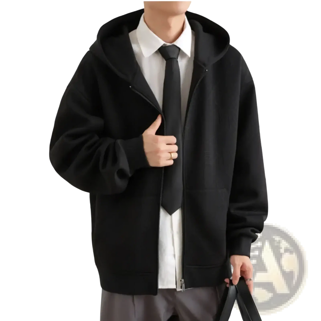 Mens black zip up hooded jacket with relaxed fit and ribbed cuffs for casual urban outerwear