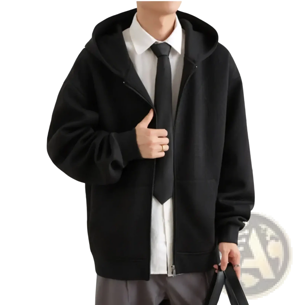 Mens black zip up hooded jacket with relaxed fit and ribbed cuffs for casual urban outerwear