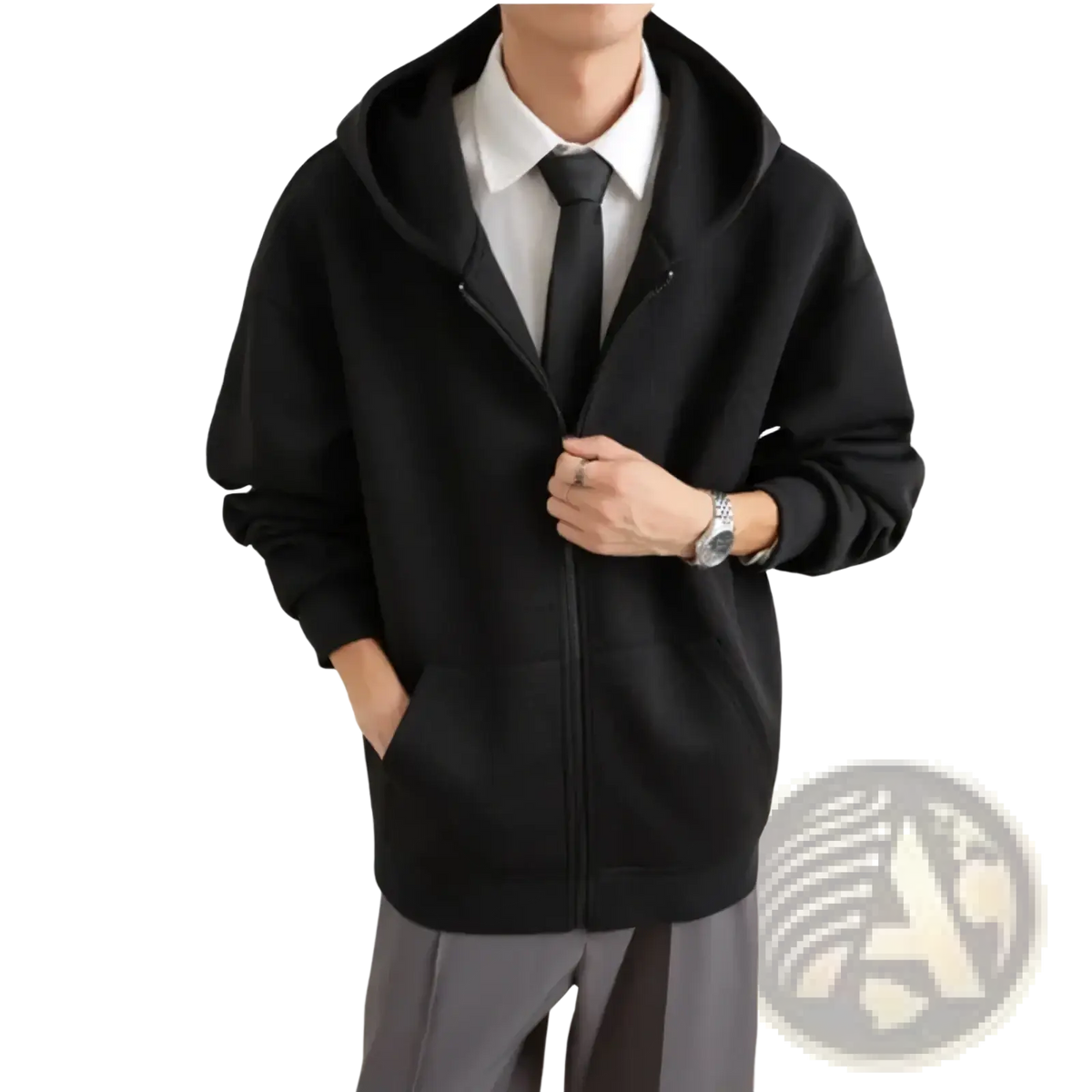 Mens black zip up hooded jacket with soft casual texture and ribbed cuffs for urban outerwear use