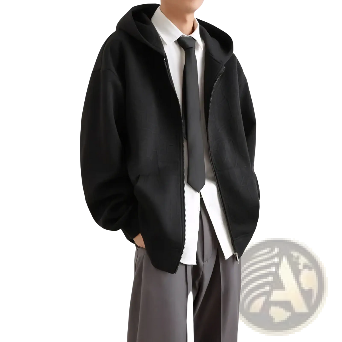 Mens black zip up hooded jacket with relaxed fit and subtle texture casual urban outerwear for everyday use