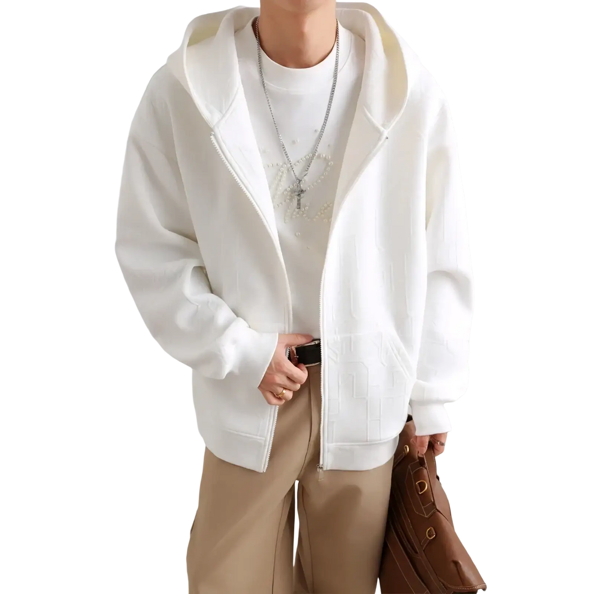Mens black zip up hooded jacket with soft textured white hoodie and subtle ribbed detailing along the zipper line