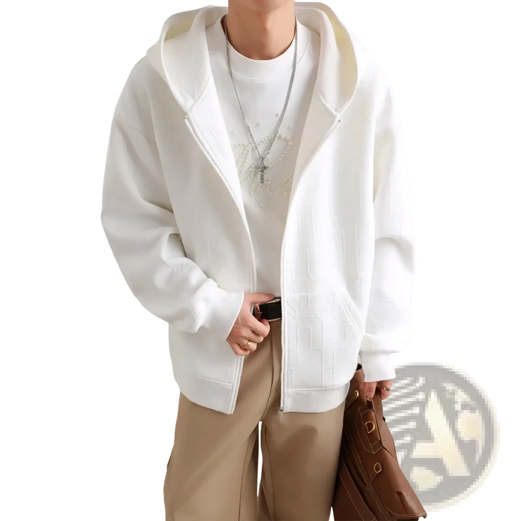 Mens black zip up hooded jacket with soft textured white hoodie and subtle ribbed detailing along the zipper line