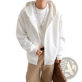 Mens black zip up hooded jacket with soft textured white hoodie and subtle ribbed detailing along the zipper line