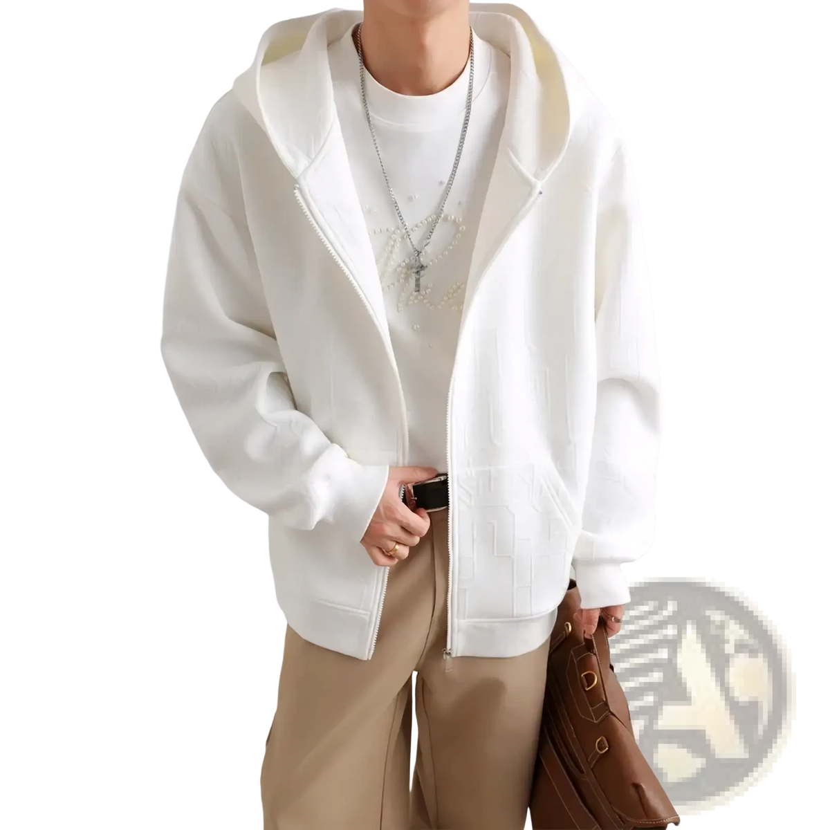 Mens black zip up hooded jacket with soft textured white hoodie and subtle ribbed detailing along the zipper line
