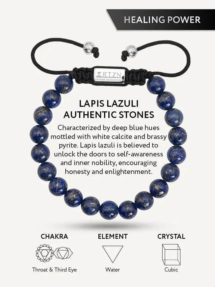 Men’s blue lapis lazuli beaded bracelet with black braided cord featuring white calcite and brass pyrite flecks with silver clasp