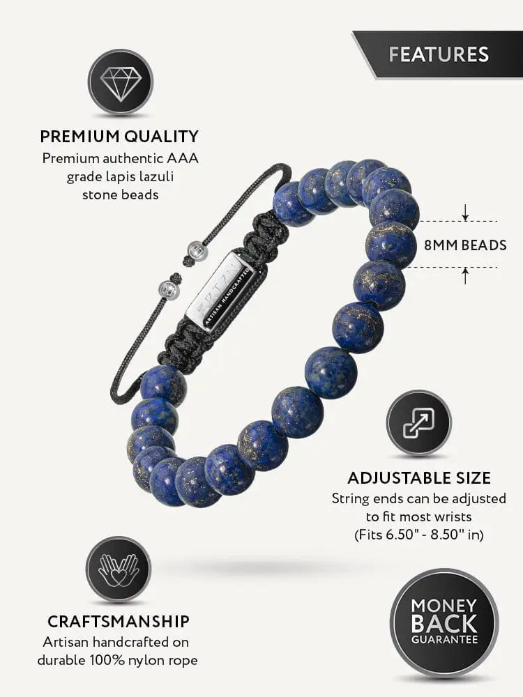A men’s blue lapis lazuli beaded bracelet with aaa grade stones and a silver-toned metal clasp on nylon rope