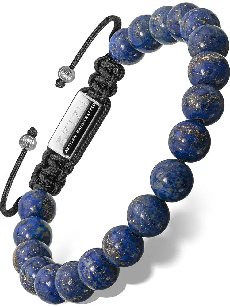 Men’s blue lapis lazuli beaded bracelet with golden flecks on black braided cord and silver-toned rectangular clasp