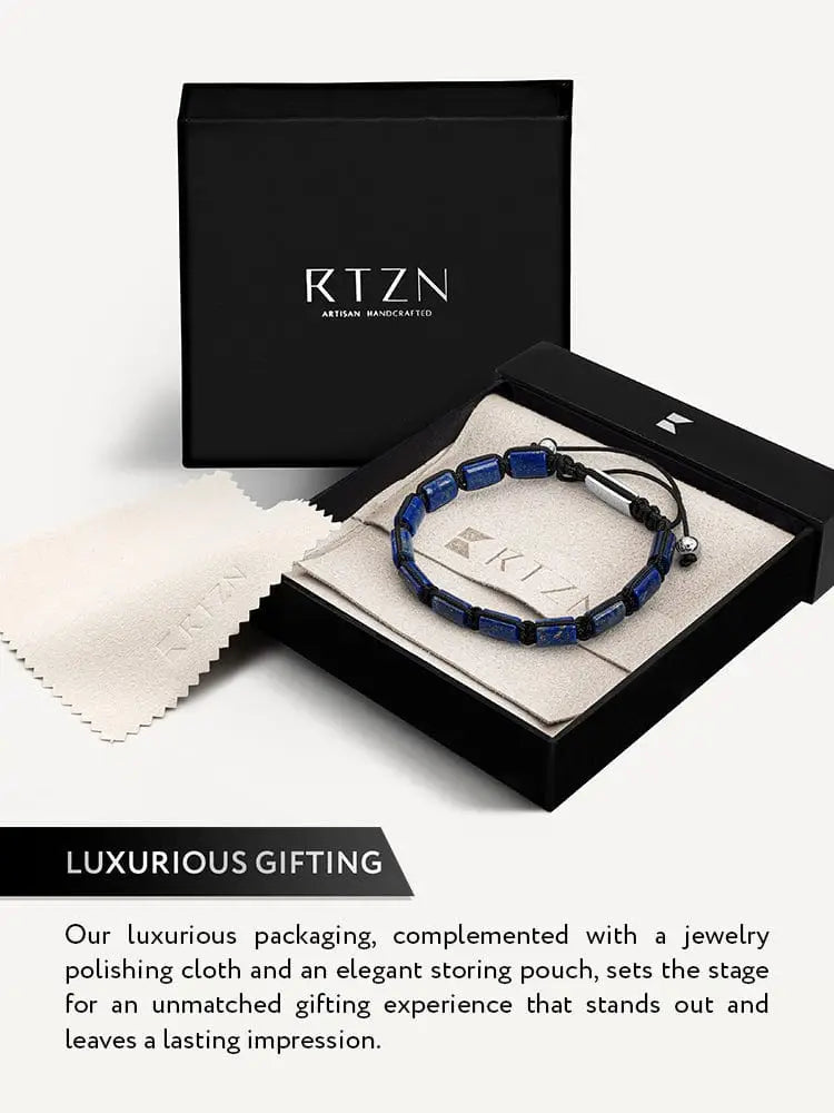 Men’s Havana lapis lazuli braided cord bracelet with blue beads black cord and silver clasp in rtzn gift box