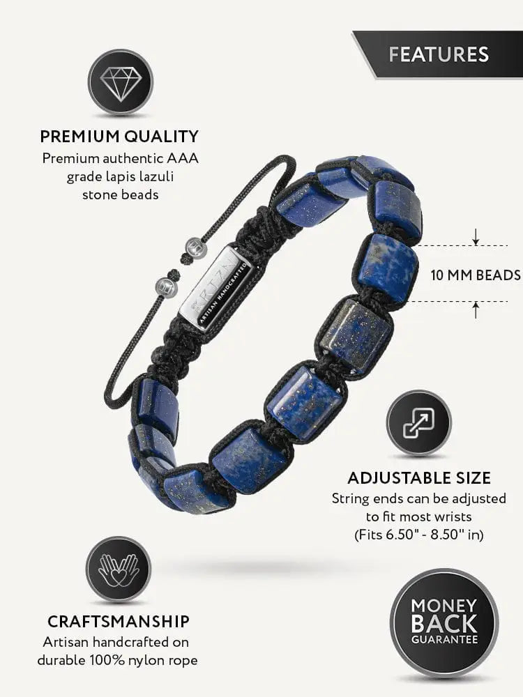 Men’s havana lapis lazuli braided cord bracelet with sleek black cord, deep blue rectangular stones, and silver metal plate