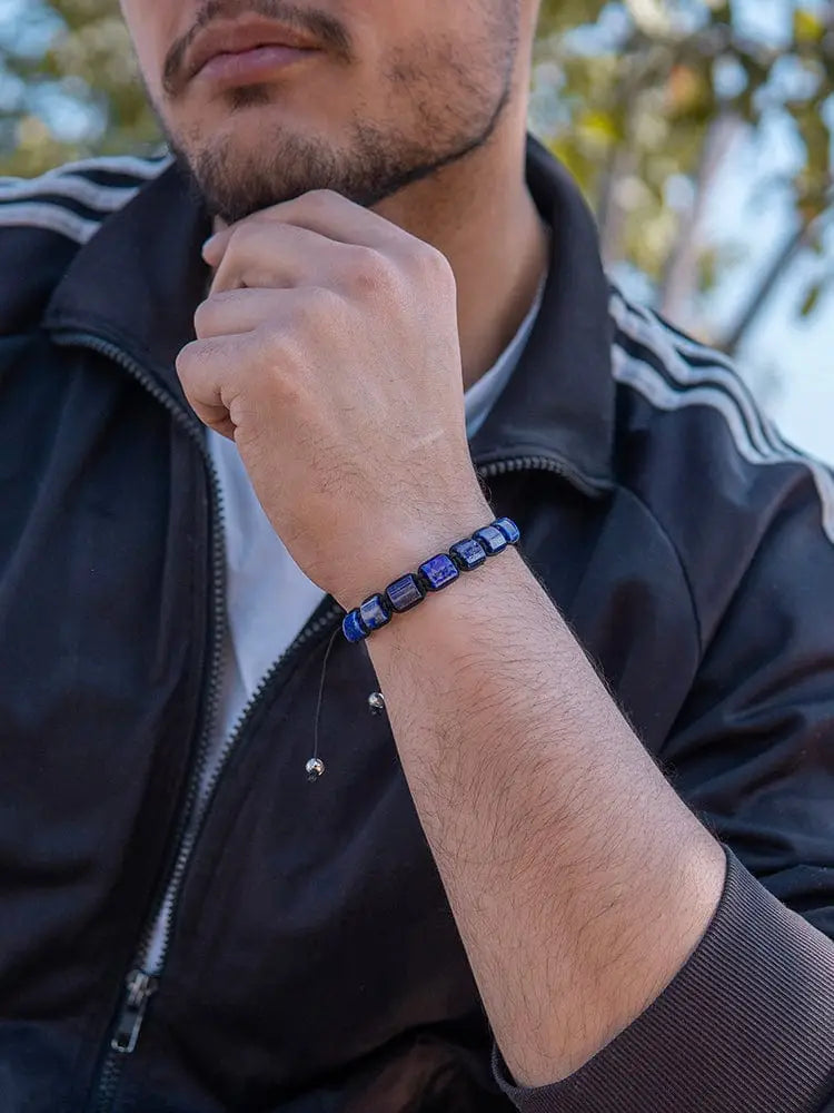 Men’s Havana lapis lazuli bracelet with deep blue rectangular beads, subtle metallic sheen, and silver toggle clasp