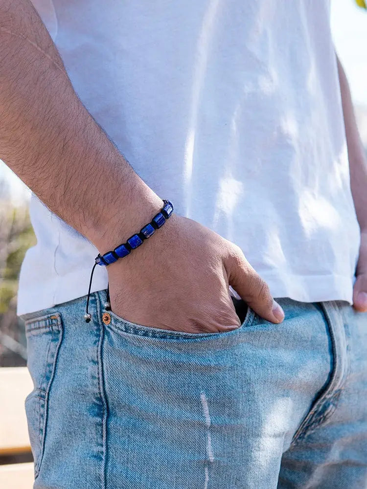 Men’s Havana lapis lazuli braided cord bracelet with deep blue rectangular glass beads and silver-toned clasp