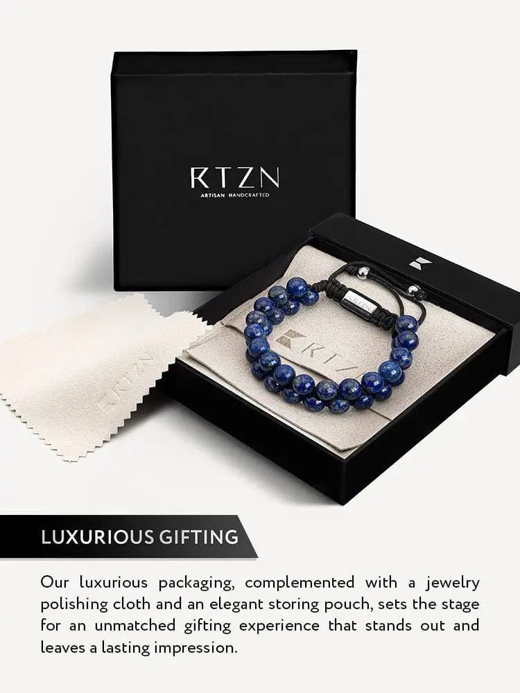 Men’s morocco blue lapis lazuli beaded bracelet with navy beads black cord silver clasp in rtzn branded gift box
