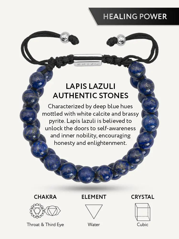 A sleek black braided cord men’s bracelet featuring round deep blue lapis lazuli stones with calcite and pyrite inclusions