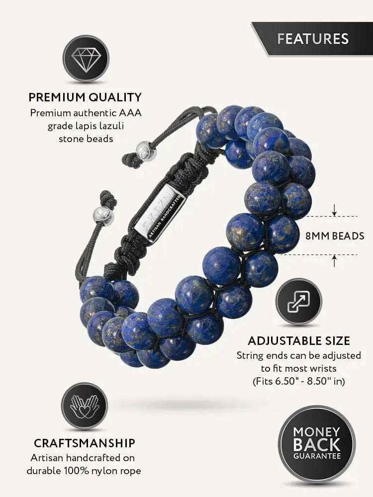 Men’s Morocco Blue lapis lazuli beaded bracelet with deep blue aaa grade stones on nylon rope and silver-toned plate