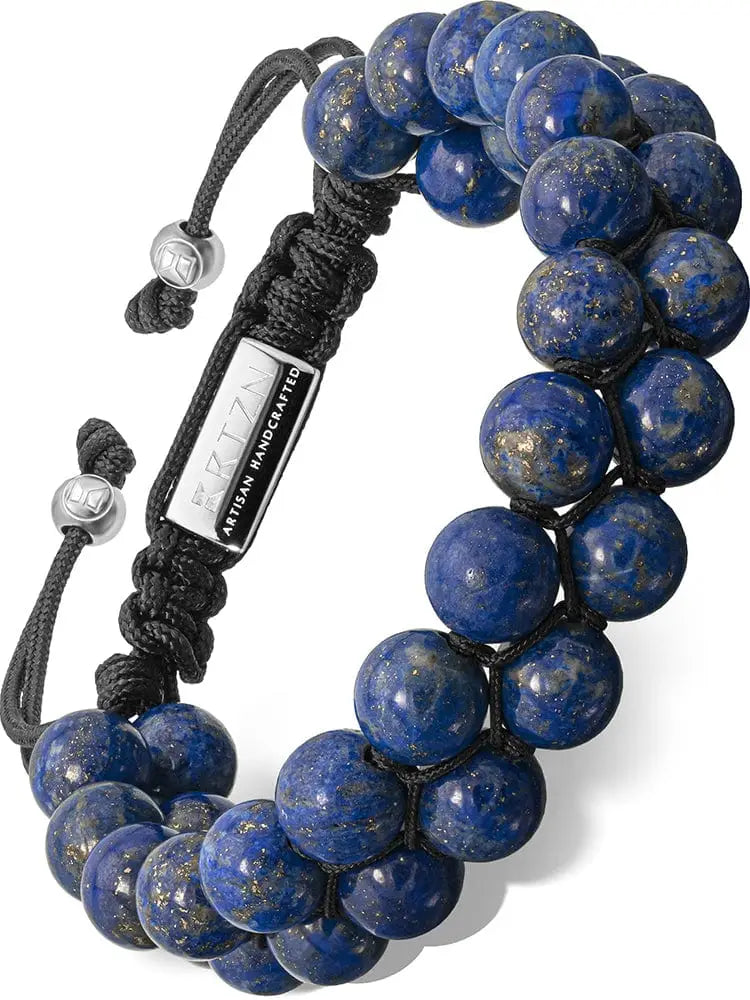 Men’s Morocco blue lapis lazuli beaded bracelet with deep blue stones on black braided cord and silver-toned accents