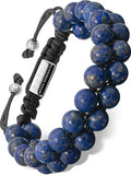 Men’s Morocco blue lapis lazuli beaded bracelet with deep blue stones on black braided cord and silver-toned accents