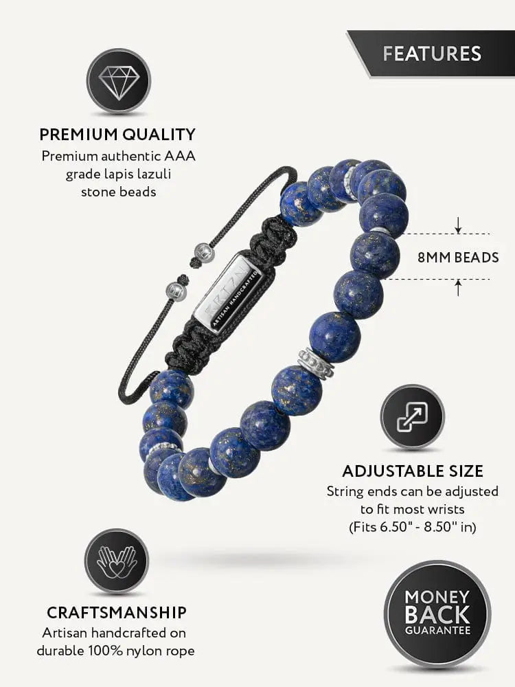 Men’s lapis lazuli beaded bracelet with deep blue stones silver-toned accents and black braided nylon cord