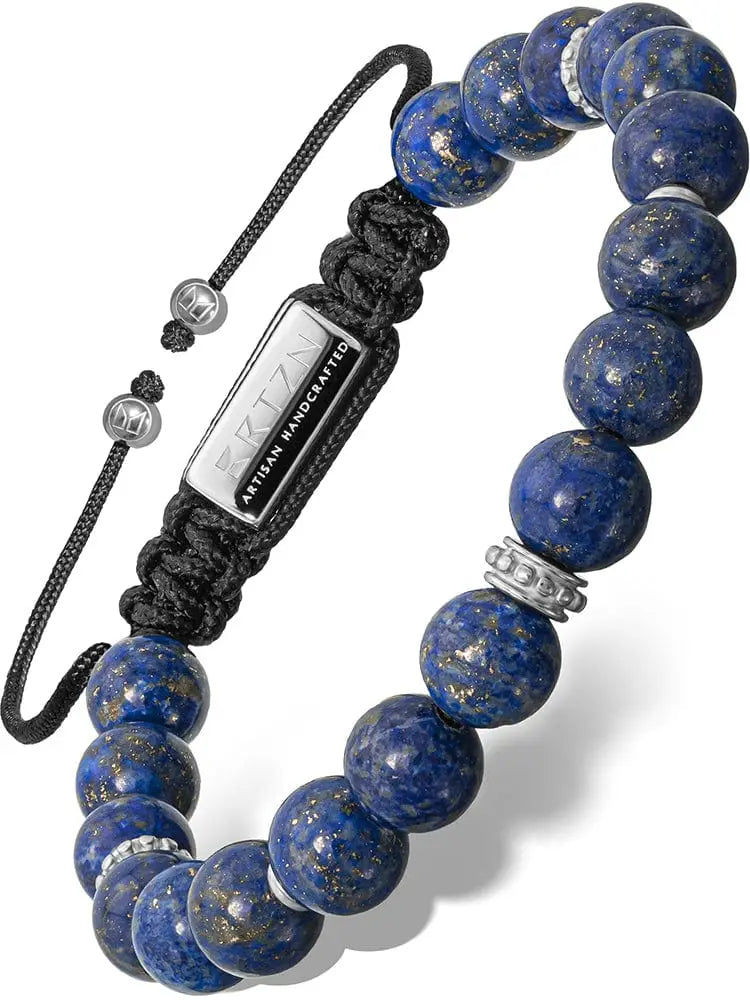 Men’s lapis lazuli beaded bracelet with deep blue stones silver accents and black braided cord engraved fitz & co