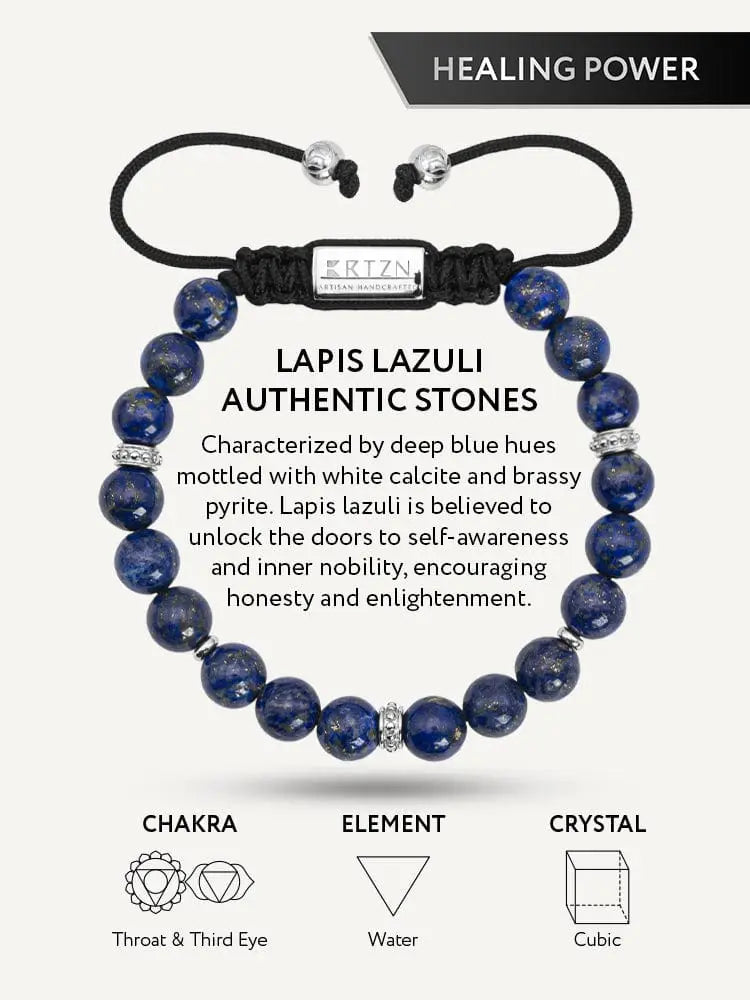 Men’s lapis lazuli beaded bracelet with silver accents featuring deep blue stones with calcite and brass pyrite inclusions