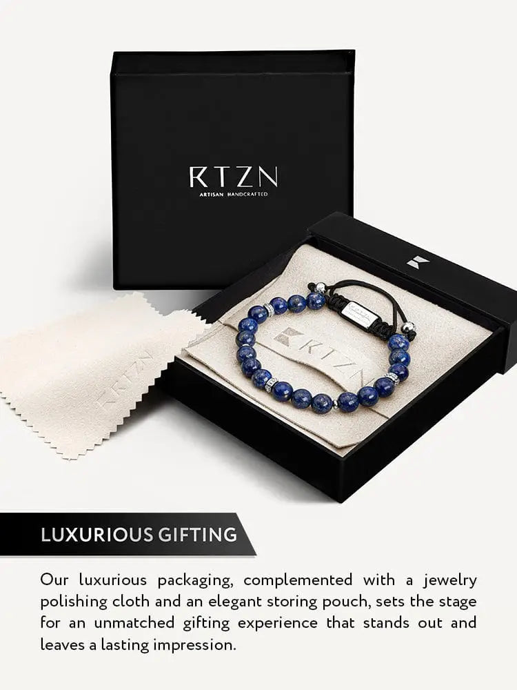 Men’s lapis lazuli beaded bracelet with silver accents in an rtzn branded gift box with a silver-toned clasp