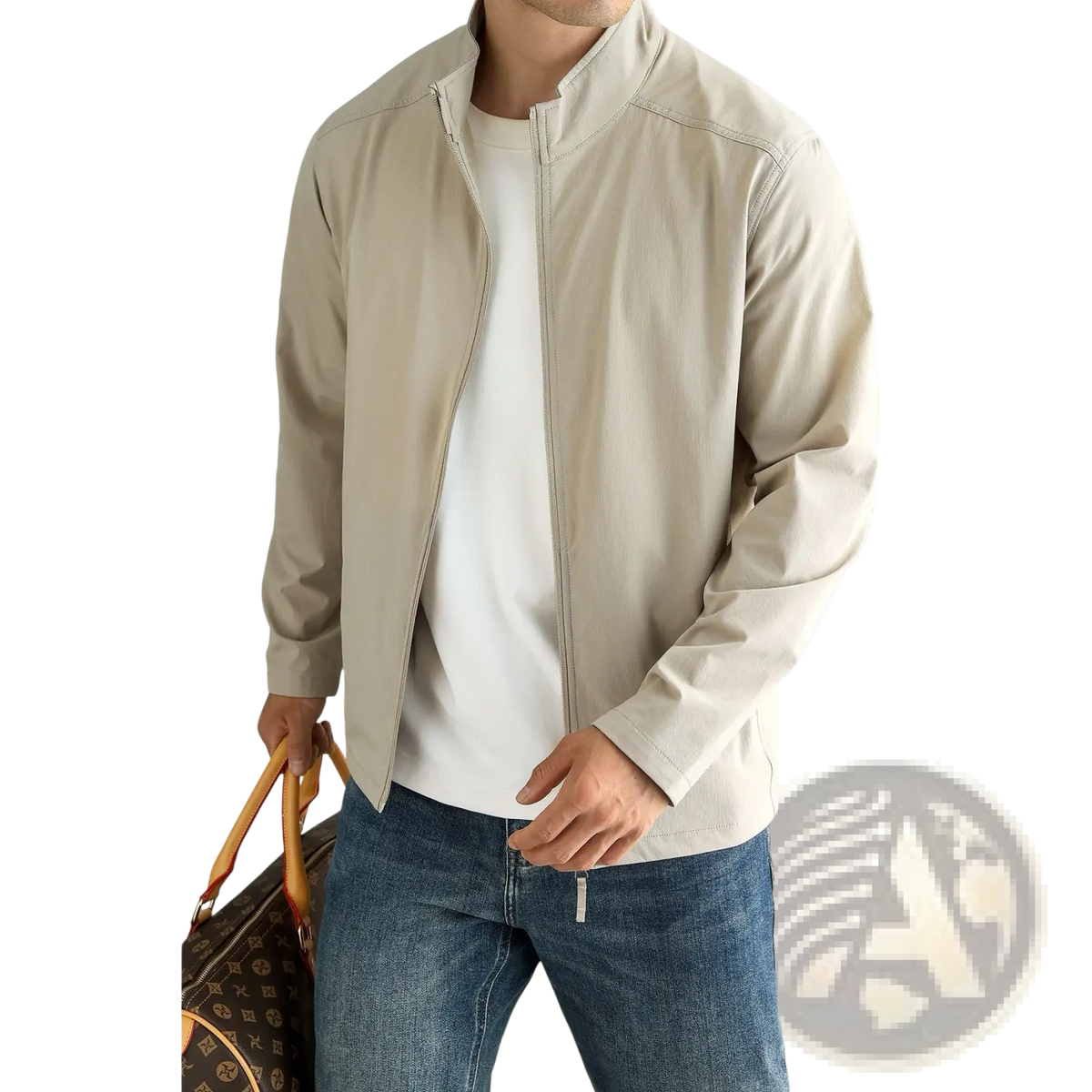 Beige lightweight mens bomber jacket with sleek modern design and subtle stitching for casual outdoor commuting