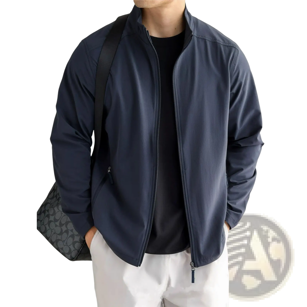 Navy blue lightweight mens bomber jacket with sleek zipper front and subtle stitching for casual outdoor commuting