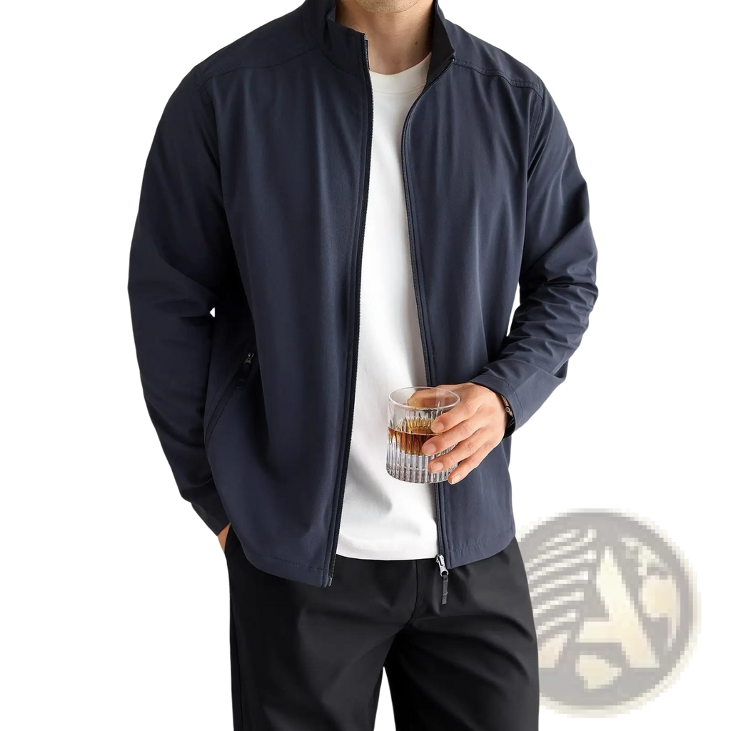 Navy blue mens bomber jacket with zip-up front and subtle seam detailing for casual outdoor commuting