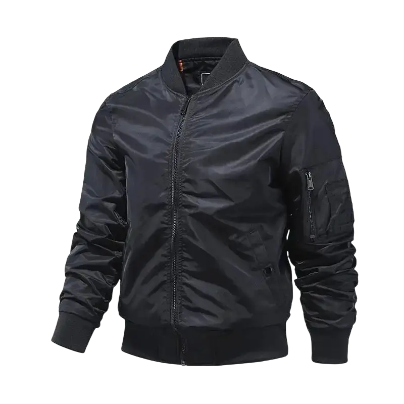 Black nylon men’s bomber jacket with ribbed cuffs waistband front zipper and zippered left sleeve pocket casual spring outerwear