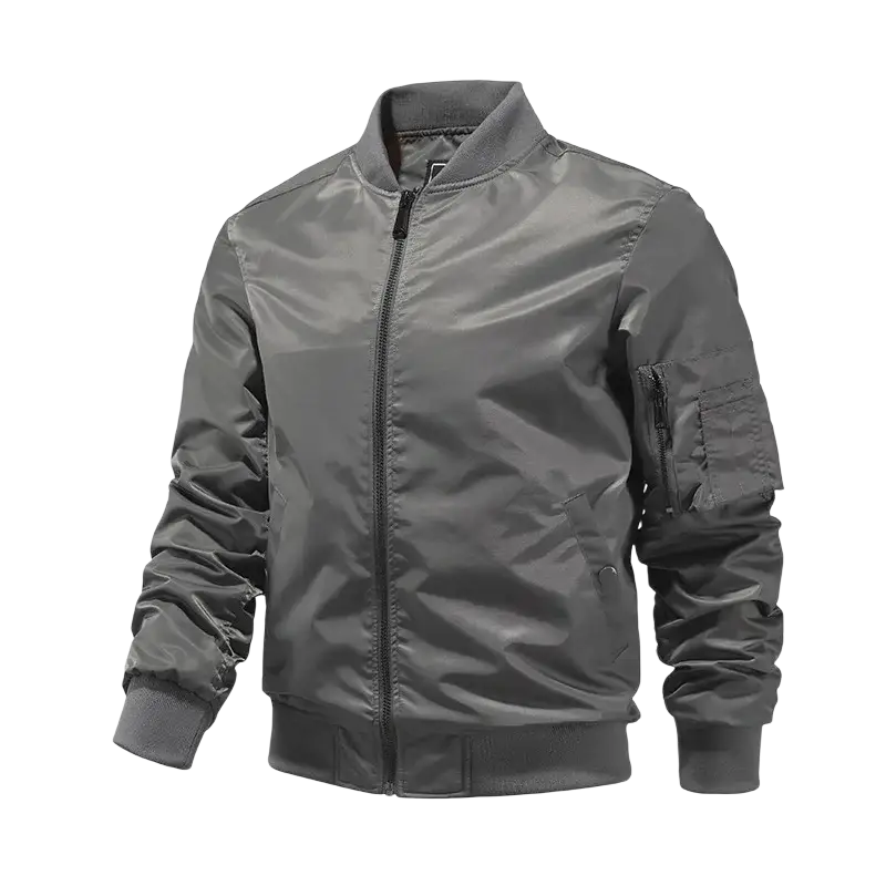 Men’s bomber jacket with a gray matte finish, ribbed cuffs, and zip detail for casual spring aviator outerwear