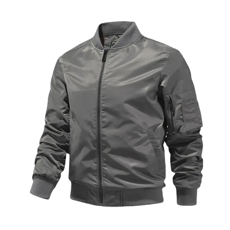 Men’s bomber jacket in gray with a matte finish and ribbed cuffs casual spring zip aviator outerwear