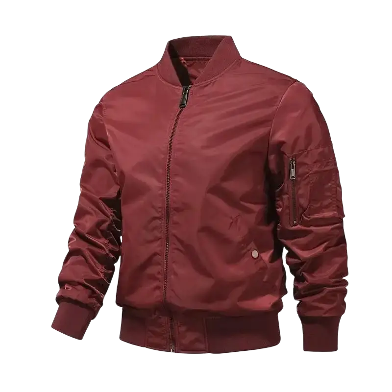 Men’s bomber jacket in maroon satin with ribbed cuffs waistband central zipper and side pockets for casual spring wear
