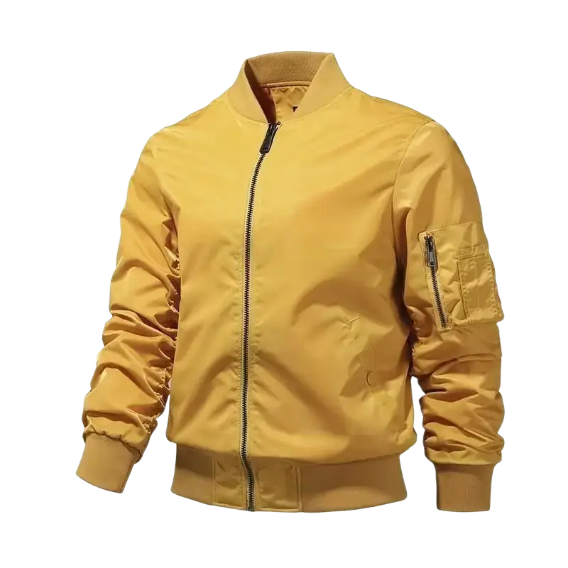 Mustard-yellow men’s bomber jacket with ribbed collar cuffs waistband and zippered left sleeve pocket for casual spring wear