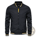 Men’s black aiopeson bomber jacket with yellow and white striped collar cuffs and hem casual zip outerwear