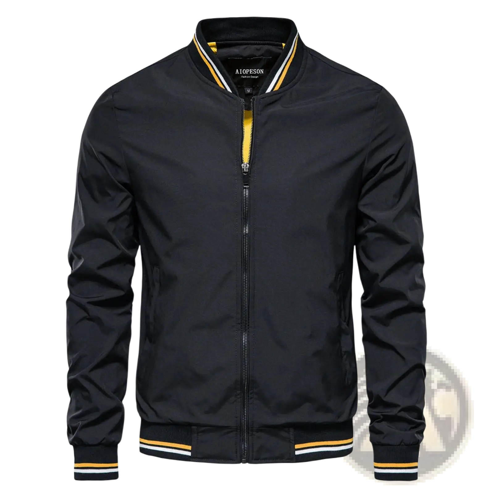 Men’s black aiopeson bomber jacket with yellow and white striped collar cuffs and hem casual zip outerwear