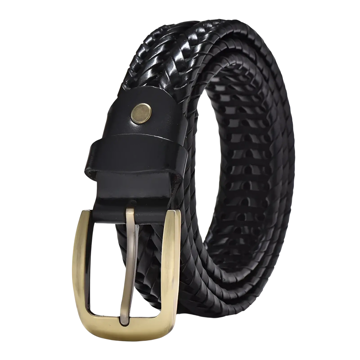 Black braided leather belt with gold toned buckle casual cowskin strap for men