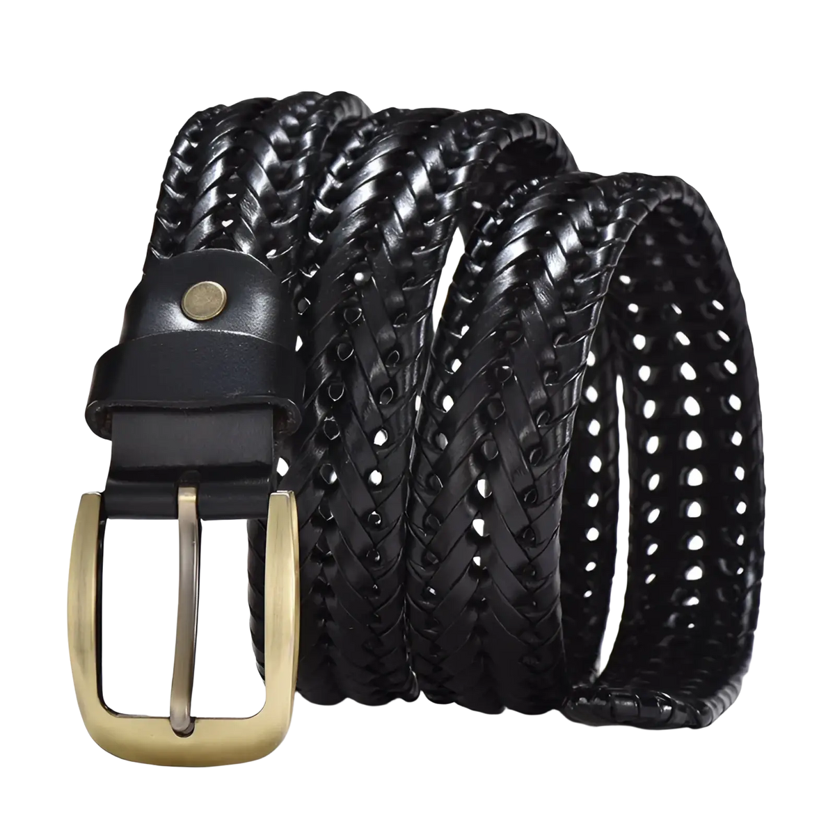 Men’s braided black leather belt with brass buckle and perforated casual cowskin strap design