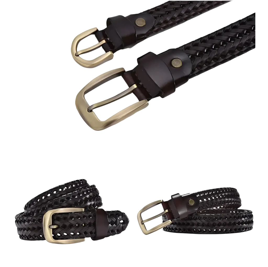 Men’s braided leather belt in black with a brass-toned buckle and matching keeper made of casual cowskin strap