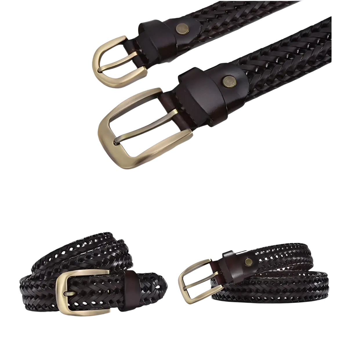 Men’s braided leather belt in black with a brass-toned buckle and matching keeper made of casual cowskin strap