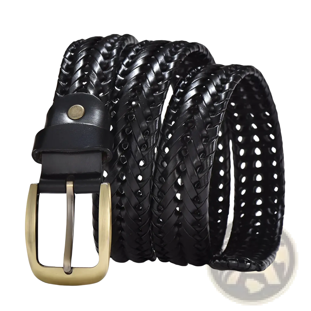 Men’s braided black leather belt with brass buckle and perforated casual cowskin strap design