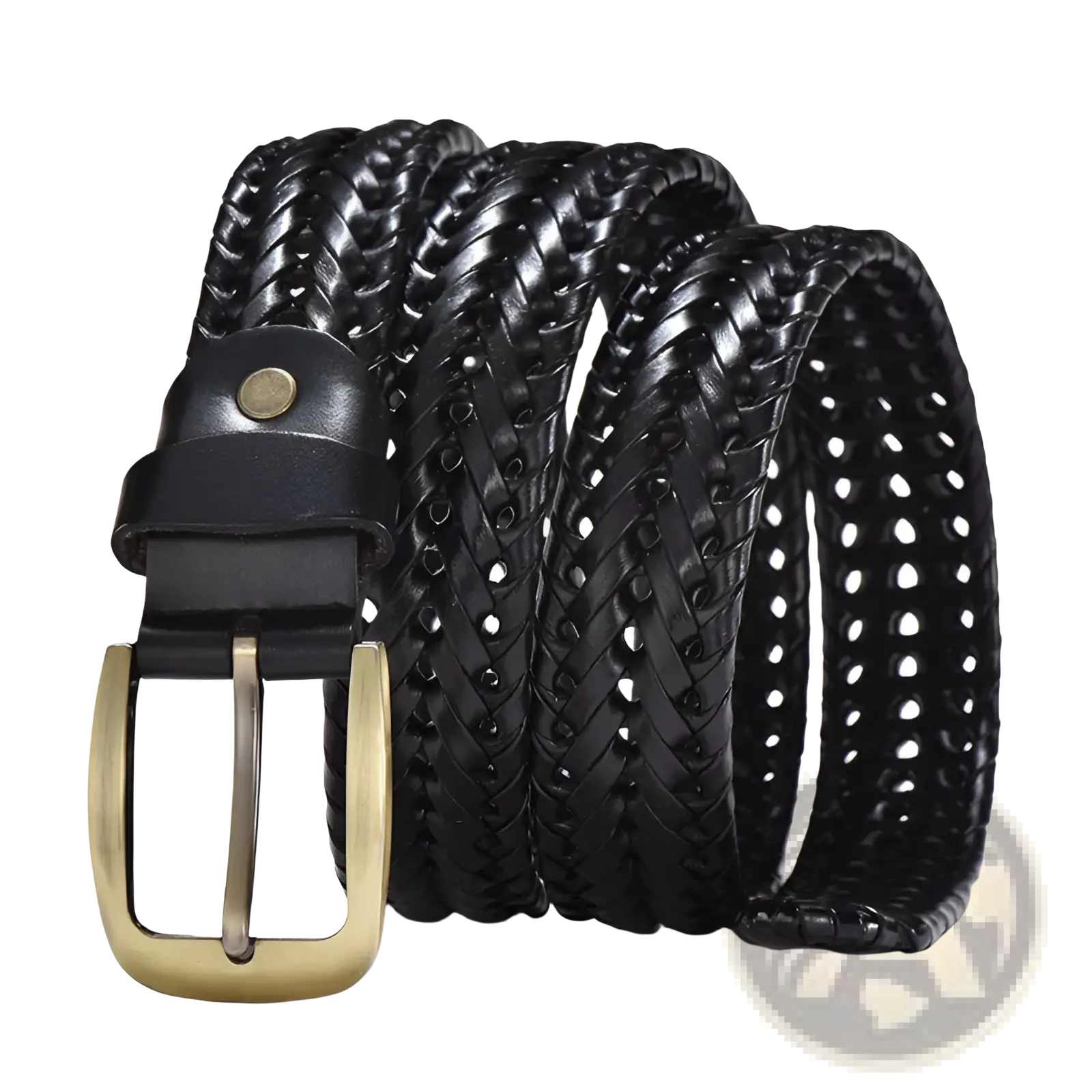 Men’s braided black leather belt with brass buckle and perforated casual cowskin strap design