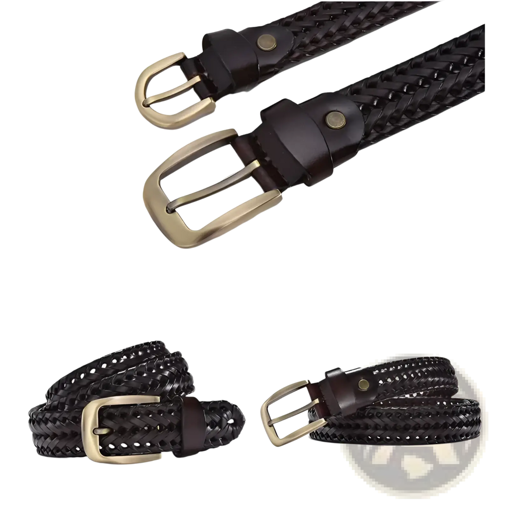 Men’s braided leather belt in black with a brass-toned buckle and matching keeper made of casual cowskin strap