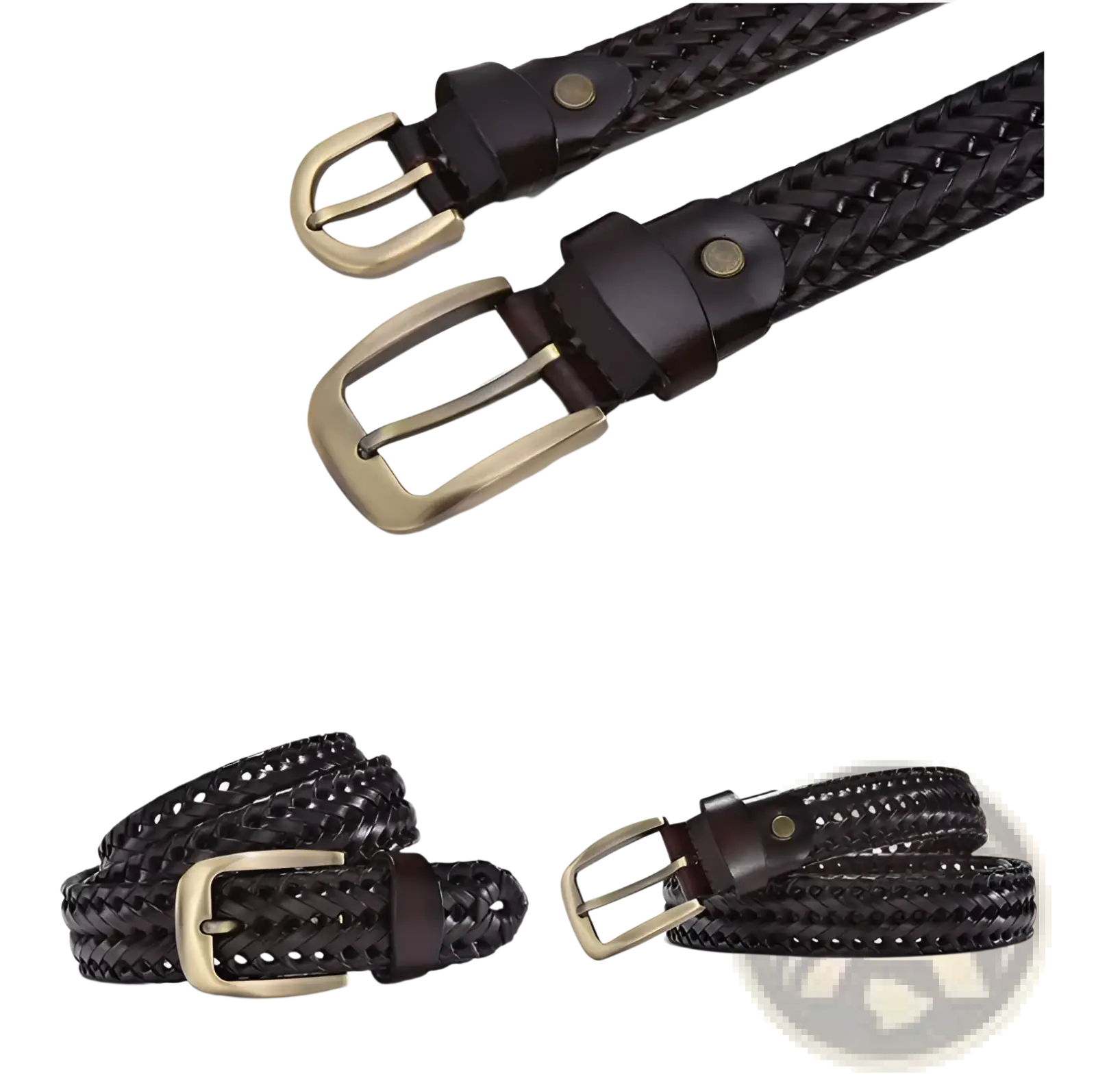 Men’s braided leather belt in black with a brass-toned buckle and matching keeper made of casual cowskin strap